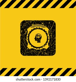 head with gears inside icon black grunge emblem inside yellow warning sign. Vector Illustration. Detailed.