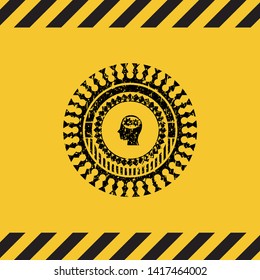 head with gears inside icon black grunge emblem inside yellow warning sign. Vector Illustration. Detailed.