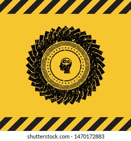 head with gears inside icon black grunge emblem, yellow warning sign. Vector Illustration. Detailed.