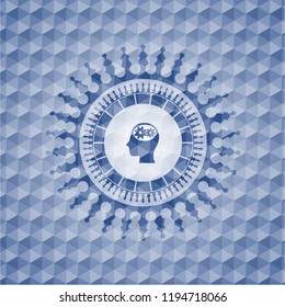 head with gears inside icon inside blue emblem or badge with abstract geometric polygonal pattern background.
