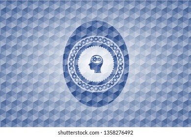 head with gears inside icon inside blue emblem or badge with abstract geometric polygonal pattern background.