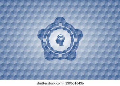 head with gears inside icon inside blue emblem or badge with abstract geometric pattern background.
