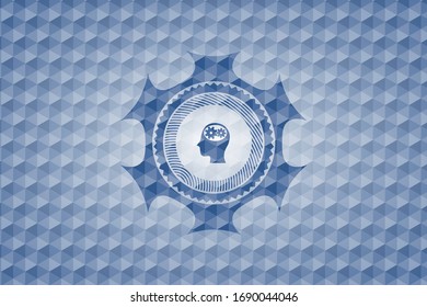 Kopf mit Zahnrädern innerhalb der Ikone in blauem Abzeichen mit geometrischem Muster.
