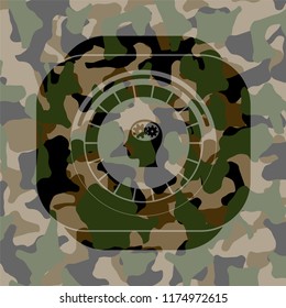head with gears inside icon inside camouflaged emblem