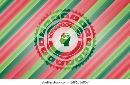 head with gears inside icon inside christmas badge background.