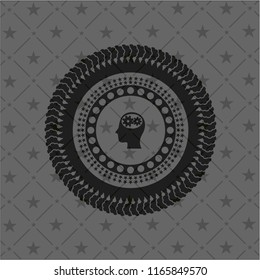 head with gears inside icon inside dark emblem. Retro