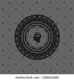 head with gears inside icon inside dark badge