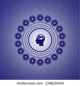 head with gears inside icon inside emblem with jean texture