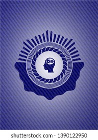 head with gears inside icon inside emblem with denim texture