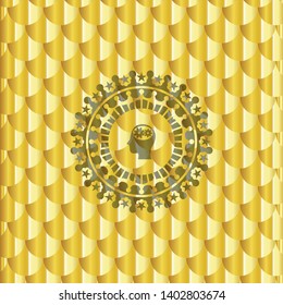 head with gears inside icon inside gold badge or emblem. Scales pattern. Vector Illustration. Detailed.