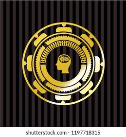 head with gears inside icon inside golden badge