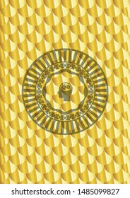 head with gears inside icon inside golden badge. Scales pattern. Vector Illustration. Detailed.