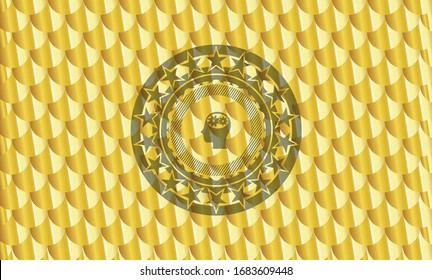 head with gears inside icon inside golden emblem or badge. Scales pattern. Vector Illustration. Detailed.