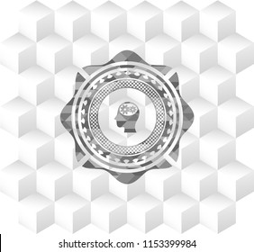 head with gears inside icon inside grey badge with geometric cube white background