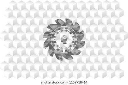 head with gears inside icon inside grey emblem. Retro with geometric cube white background