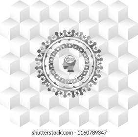head with gears inside icon inside grey emblem with geometric cube white background