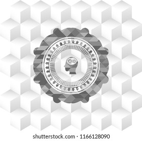head with gears inside icon inside grey emblem with geometric cube white background