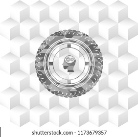 head with gears inside icon inside grey emblem. Retro with geometric cube white background