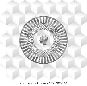 head with gears inside icon inside grey emblem with cube white background