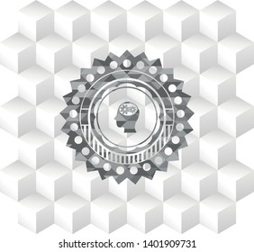 head with gears inside icon inside grey badge with geometric cube white background