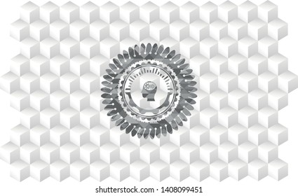 head with gears inside icon inside grey emblem with cube white background