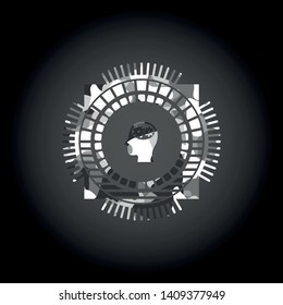 head with gears inside icon inside grey camouflage emblem