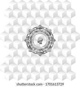 head with gears inside icon inside grey badge with geometric cube white background