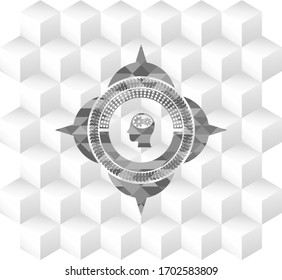 head with gears inside icon inside grey emblem with geometric cube white background. 