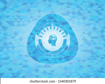 head with gears inside icon inside light blue mosaic emblem