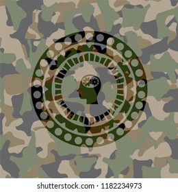 head with gears inside icon on camouflage texture