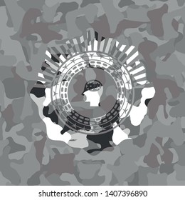 head with gears inside icon on grey camouflaged texture