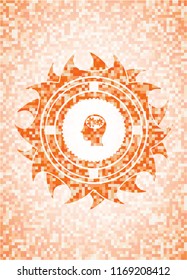 head with gears inside icon inside orange mosaic emblem with background