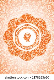 head with gears inside icon inside orange mosaic emblem