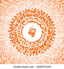 head with gears inside icon inside orange mosaic emblem
