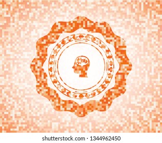 head with gears inside icon inside orange mosaic emblem