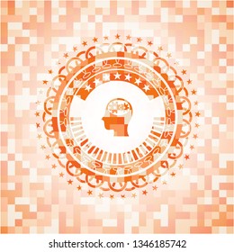 head with gears inside icon inside orange mosaic emblem