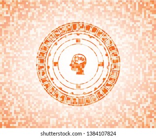 head with gears inside icon inside orange mosaic emblem