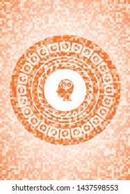 head with gears inside icon inside orange mosaic emblem with background