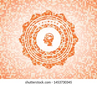 head with gears inside icon inside orange mosaic emblem