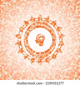 head with gears inside icon inside orange mosaic emblem