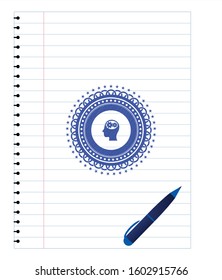 head with gears inside icon pen emblem. Blue ink. Vector Illustration. Detailed.