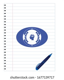 head with gears inside icon pen emblem. Blue ink. Vector Illustration. Detailed.