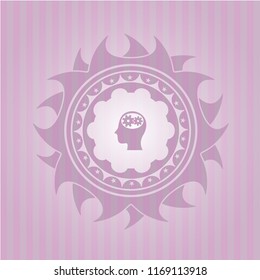 head with gears inside icon inside pink emblem. Retro