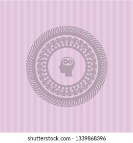 head with gears inside icon inside pink emblem. Retro