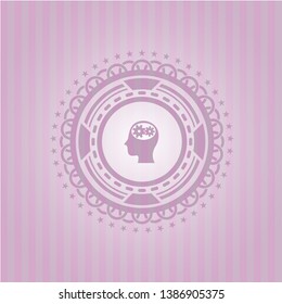 head with gears inside icon inside pink emblem. Vintage.