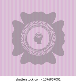 head with gears inside icon inside pink emblem. Retro