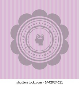 head with gears inside icon inside pink emblem. Vintage.