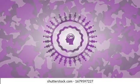 head with gears inside icon inside pink and purple camo emblem