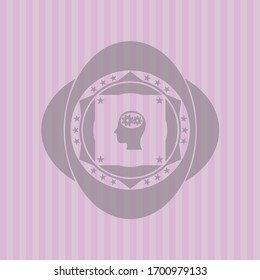 head with gears inside icon inside pink emblem. Retro