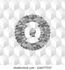 head with gears inside icon inside realistic grey emblem with geometric cube white background
